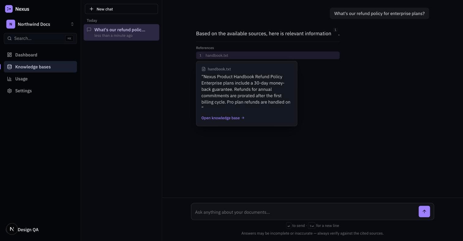 A Nexus chat answer with an inline citation showing the exact quoted source passage